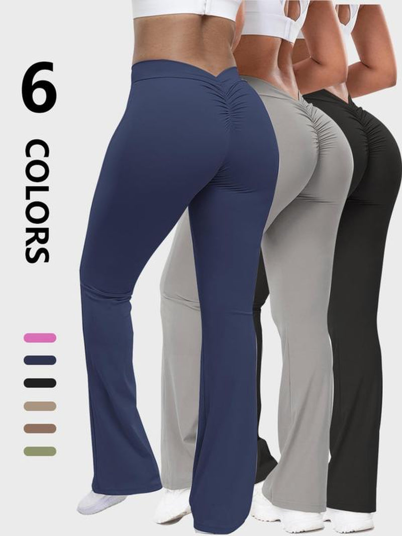 Women'S Solid Ruched High Waist Sports Tummy Control Leggings, Comfy Breathable Flare Leg Trousers for Yoga Gym Workout Running, Ladies Sportswear for All Seasons, Gym Clothing, Sports Casual Pants