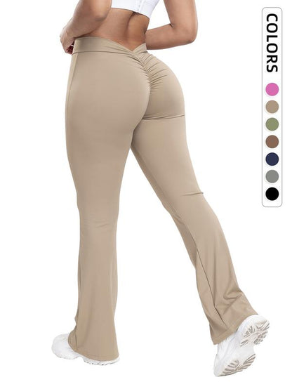 Women'S Solid Ruched High Waist Sports Tummy Control Leggings, Comfy Breathable Flare Leg Trousers for Yoga Gym Workout Running, Ladies Sportswear for All Seasons, Gym Clothing, Sports Casual Pants