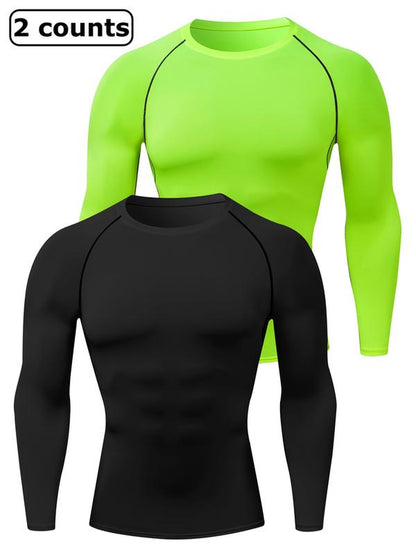 Men'S Solid round Neck Raglan Sleeve Sports Tee, Tight Quick Drying Long Sleeve Crew Neck T-Shirt, Sportswear Clothing for Gym Workout Running, Gym Sweatwear