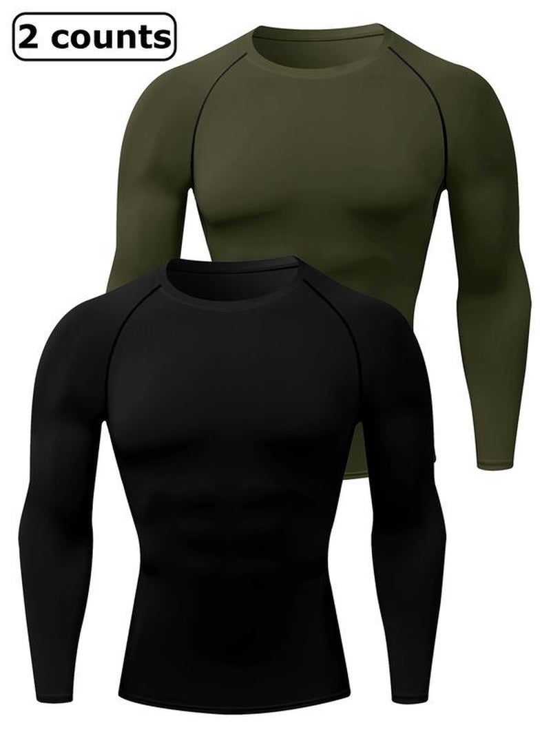 Men'S Solid round Neck Raglan Sleeve Sports Tee, Tight Quick Drying Long Sleeve Crew Neck T-Shirt, Sportswear Clothing for Gym Workout Running, Gym Sweatwear