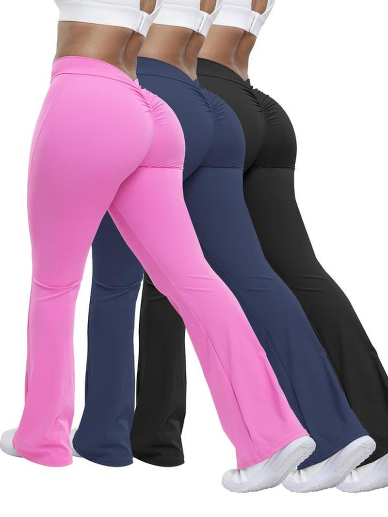 Women'S Solid Ruched High Waist Sports Tummy Control Leggings, Comfy Breathable Flare Leg Trousers for Yoga Gym Workout Running, Ladies Sportswear for All Seasons, Gym Clothing, Sports Casual Pants