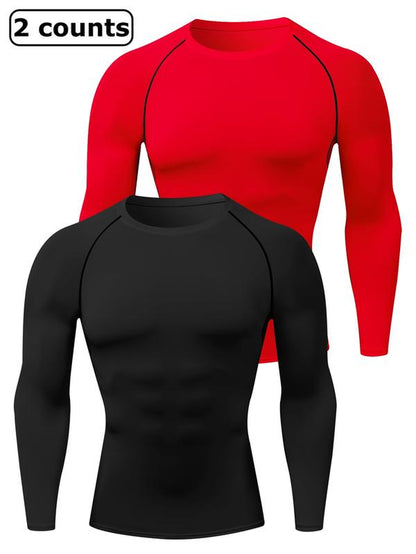 Men'S Solid round Neck Raglan Sleeve Sports Tee, Tight Quick Drying Long Sleeve Crew Neck T-Shirt, Sportswear Clothing for Gym Workout Running, Gym Sweatwear