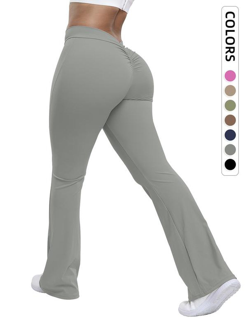 Women'S Solid Ruched High Waist Sports Tummy Control Leggings, Comfy Breathable Flare Leg Trousers for Yoga Gym Workout Running, Ladies Sportswear for All Seasons, Gym Clothing, Sports Casual Pants