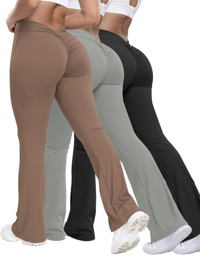 Women'S Solid Ruched High Waist Sports Tummy Control Leggings, Comfy Breathable Flare Leg Trousers for Yoga Gym Workout Running, Ladies Sportswear for All Seasons, Gym Clothing, Sports Casual Pants