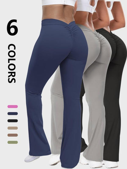 Women'S Solid Ruched High Waist Sports Tummy Control Leggings, Comfy Breathable Flare Leg Trousers for Yoga Gym Workout Running, Ladies Sportswear for All Seasons, Gym Clothing, Sports Casual Pants