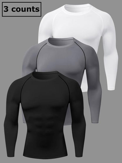 Men'S Solid round Neck Raglan Sleeve Sports Tee, Tight Quick Drying Long Sleeve Crew Neck T-Shirt, Sportswear Clothing for Gym Workout Running, Gym Sweatwear