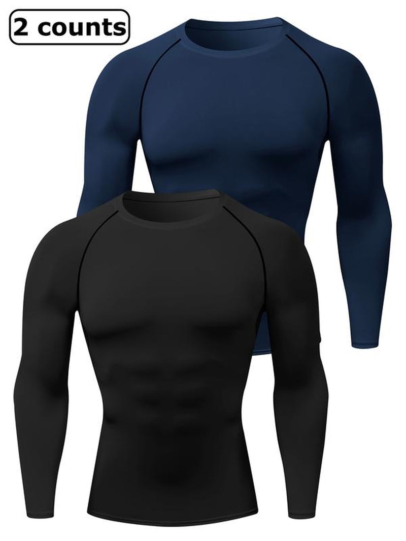 Men'S Solid round Neck Raglan Sleeve Sports Tee, Tight Quick Drying Long Sleeve Crew Neck T-Shirt, Sportswear Clothing for Gym Workout Running, Gym Sweatwear