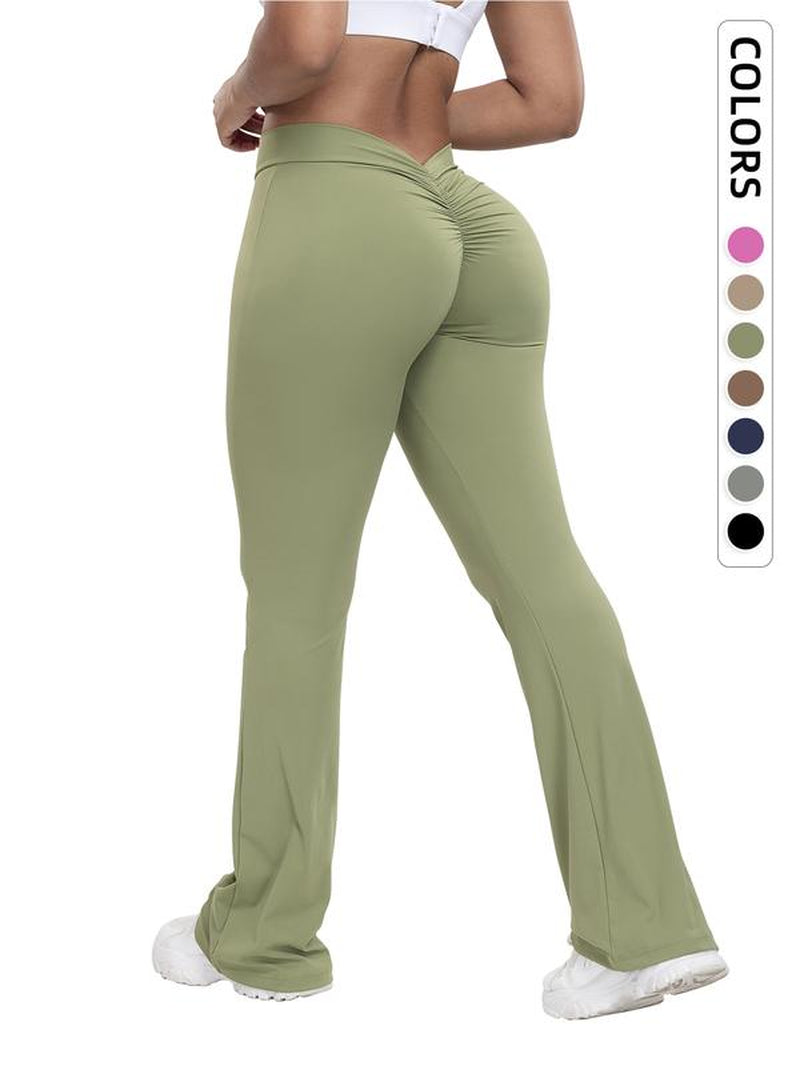 Women'S Solid Ruched High Waist Sports Tummy Control Leggings, Comfy Breathable Flare Leg Trousers for Yoga Gym Workout Running, Ladies Sportswear for All Seasons, Gym Clothing, Sports Casual Pants