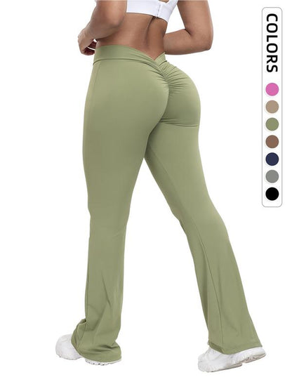 Women'S Solid Ruched High Waist Sports Tummy Control Leggings, Comfy Breathable Flare Leg Trousers for Yoga Gym Workout Running, Ladies Sportswear for All Seasons, Gym Clothing, Sports Casual Pants