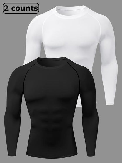 Men'S Solid round Neck Raglan Sleeve Sports Tee, Tight Quick Drying Long Sleeve Crew Neck T-Shirt, Sportswear Clothing for Gym Workout Running, Gym Sweatwear