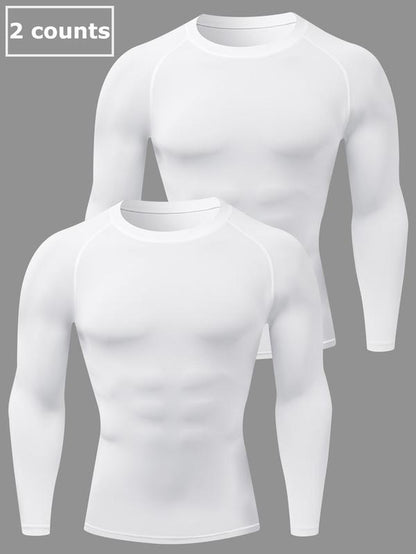 Men'S Solid round Neck Raglan Sleeve Sports Tee, Tight Quick Drying Long Sleeve Crew Neck T-Shirt, Sportswear Clothing for Gym Workout Running, Gym Sweatwear