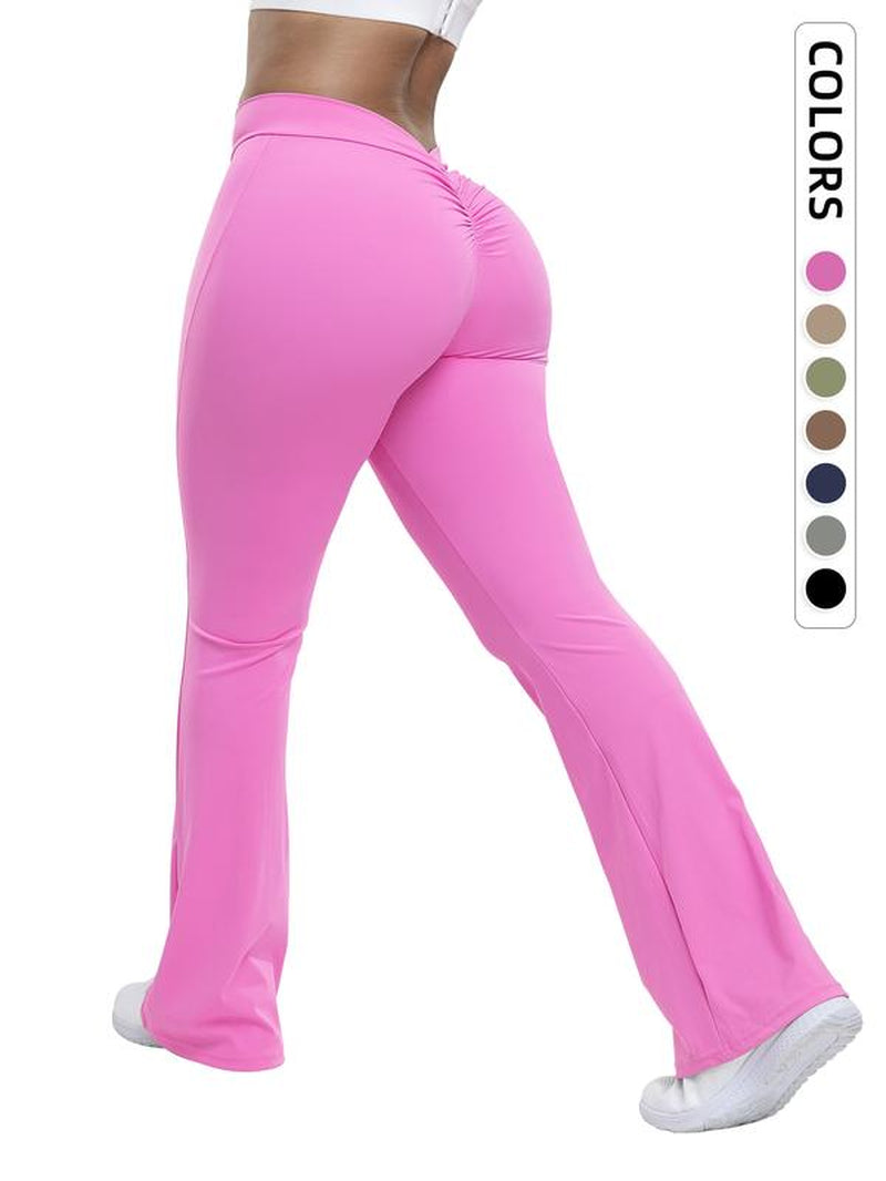 Women'S Solid Ruched High Waist Sports Tummy Control Leggings, Comfy Breathable Flare Leg Trousers for Yoga Gym Workout Running, Ladies Sportswear for All Seasons, Gym Clothing, Sports Casual Pants