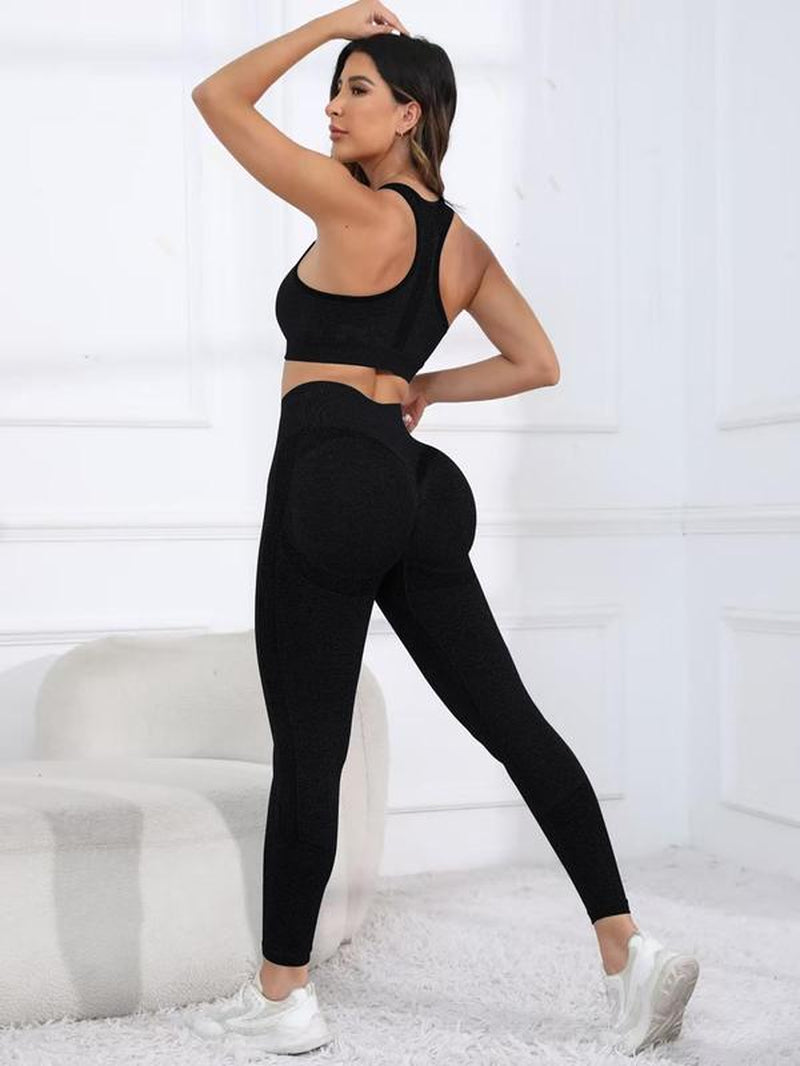 Women'S Solid Scoop Neck Crop Tank Top & High Waist Leggings Tracksuit Set, Sporty Breathable Outfits for Yoga Gym Workout Running, Gym Exercise Activewear