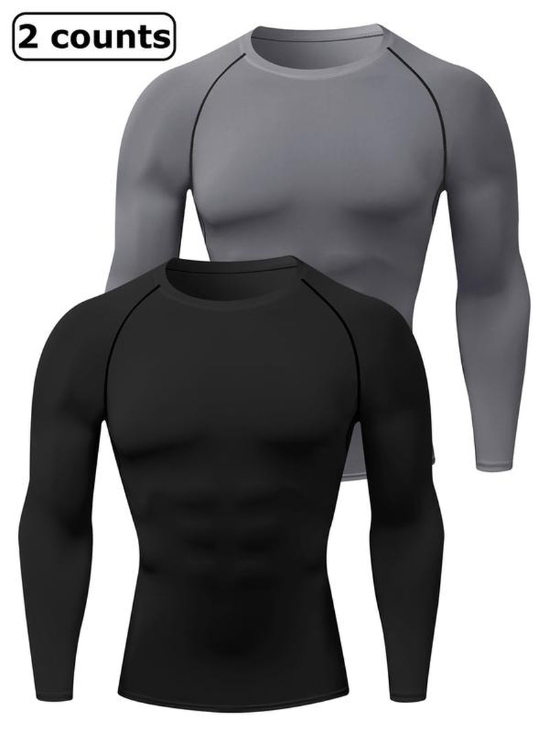 Men'S Solid round Neck Raglan Sleeve Sports Tee, Tight Quick Drying Long Sleeve Crew Neck T-Shirt, Sportswear Clothing for Gym Workout Running, Gym Sweatwear