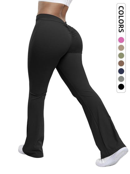 Women'S Solid Ruched High Waist Sports Tummy Control Leggings, Comfy Breathable Flare Leg Trousers for Yoga Gym Workout Running, Ladies Sportswear for All Seasons, Gym Clothing, Sports Casual Pants